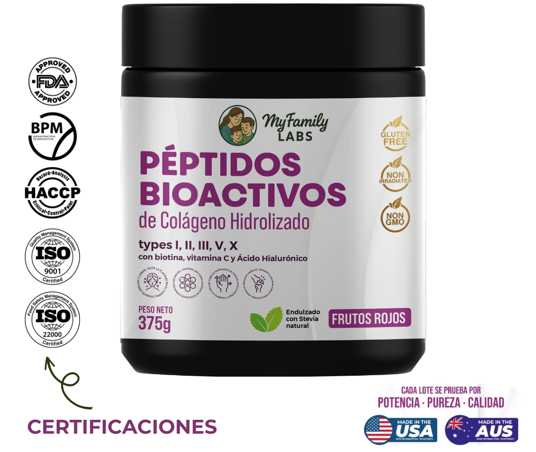 Péptidos Bioactivos de Colágeno Tipo I,II,III,V, X con Biotina, Ácido hialurónico, vitamina c (375 gr)