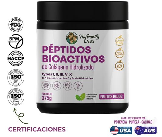 Péptidos Bioactivos de Colágeno  Tipo I,II,III,V, X con Biotina, Ácido hialurónico,  vitamina c (375 gr)