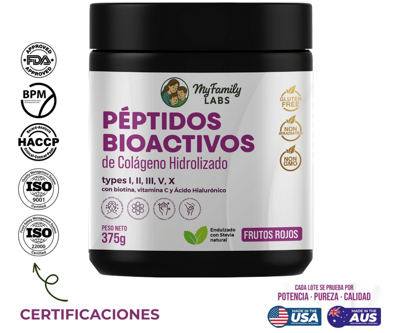 Péptidos Bioactivos de Colágeno  Tipo I,II,III,V, X con Biotina, Ácido hialurónico,  vitamina c (375 gr)