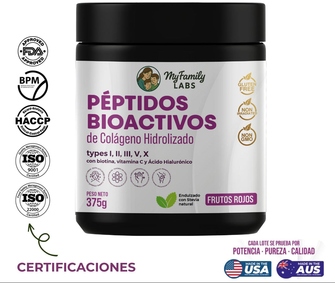 Péptidos Bioactivos de Colágeno  Tipo I,II,III,V, X con Biotina, Ácido hialurónico,  vitamina c (375 gr)