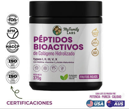 Péptidos Bioactivos de Colágeno  Tipo I,II,III,V, X con Biotina, Ácido hialurónico,  vitamina c (375 gr)