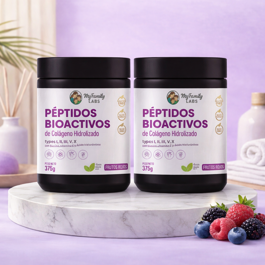 2 Péptidos Bioactivos de Colágeno Tipo I,II,III,V, X con Biotina, Ácido hialurónico, vitamina c (375 gr)