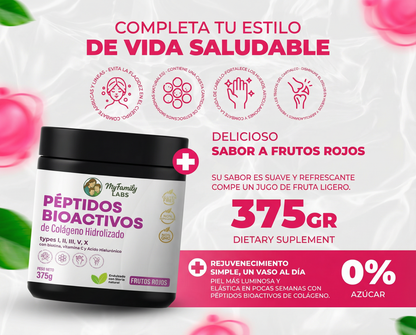 Péptidos Bioactivos de Colágeno  Tipo I,II,III,V, X con Biotina, Ácido hialurónico,  vitamina c (375 gr)