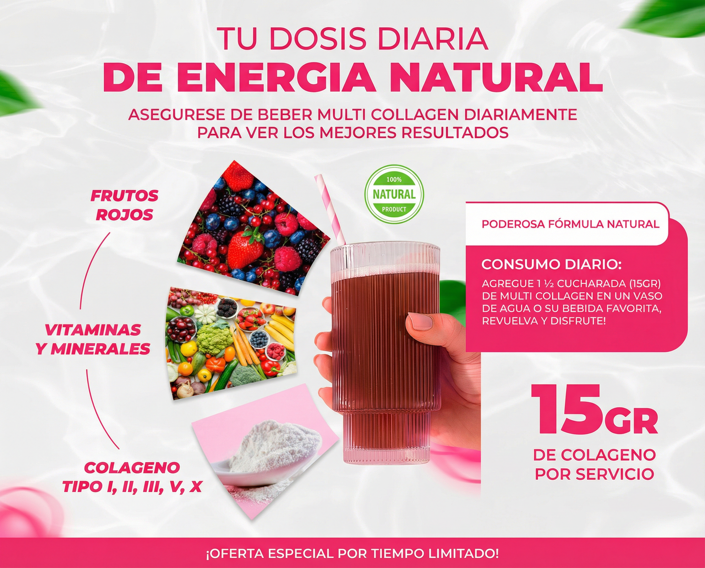 Péptidos Bioactivos de Colágeno  Tipo I,II,III,V, X con Biotina, Ácido hialurónico,  vitamina c (375 gr)
