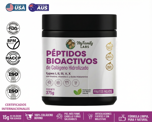 Péptidos Bioactivos de Colágeno  Tipo I,II,III,V, X con Biotina, Ácido hialurónico,  vitamina c (375 gr)
